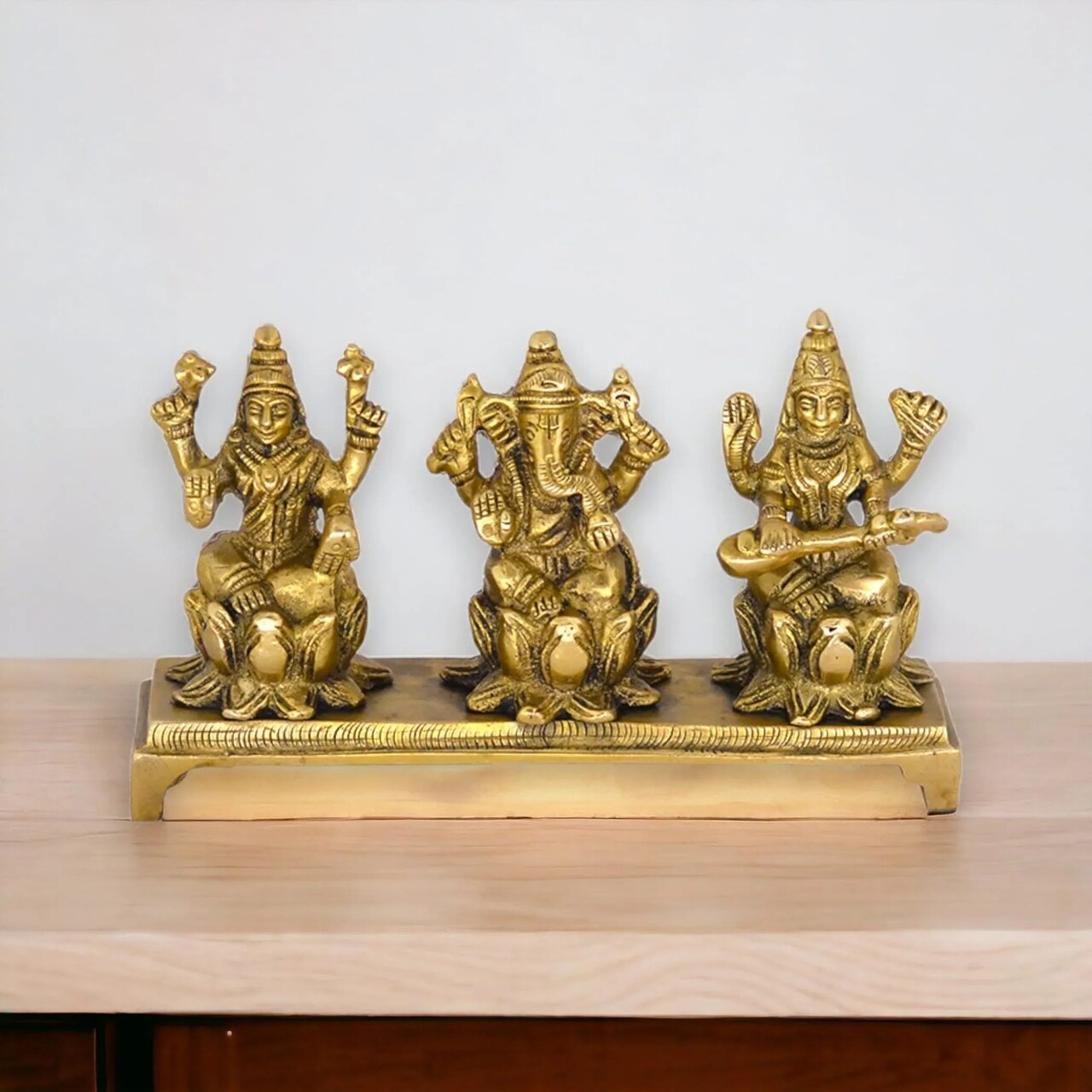 Laxmi Ganesh Saraswati Statue Brass Religious Figurine Hindu God Ganesha and Goddess Lakshmi Saraswati Idol Murti for Puja Room Home Temple Mandir Decor - Diwali Housewarming Gift (3 Inch)